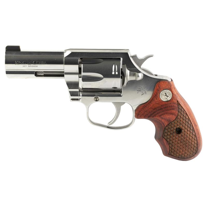 King Cobra, Revolver, 357 Magnum, 3" Barrel, Steel, Stainless Finish, Hogue Grips, Brass Bead Front Sight, 6 Rounds, Upgraded Snake Scale Pattern Walnut Grips KCOBRA-SB3BB-TLS
