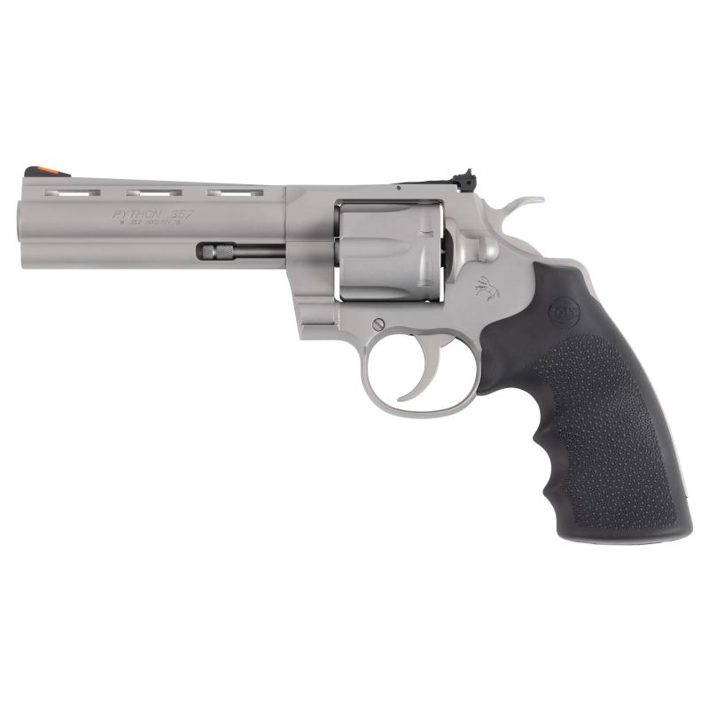 Python, Revolver, 357 Magnum, 5" Barrel, Matte Stainless Steel Finish, Hogue Rubber Grip, Adjustable Rear Sight, Red Ramp Front Sight, 6 Rounds PYTHON-SM5RTS