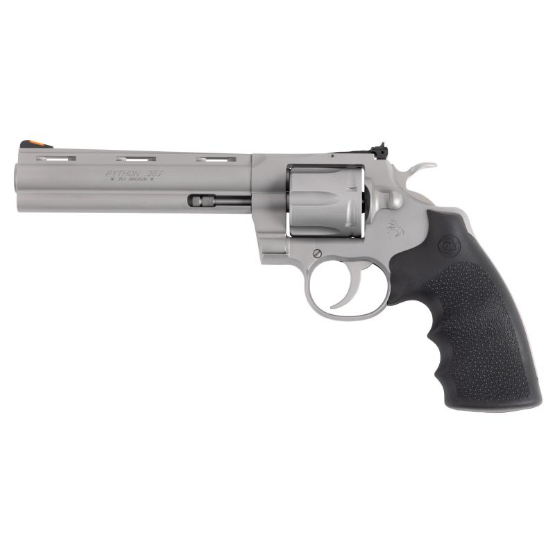 Python, Double Action, Steel Frame Revolver, 357 Magnum/38 Special, 6" Barrel, Stainless Steel, Bead Blast Finish, Black Hogue Rubber Grips, Blade Front/Adjustable Rear Sights, 6 Rounds PYTHON-SM6RTS