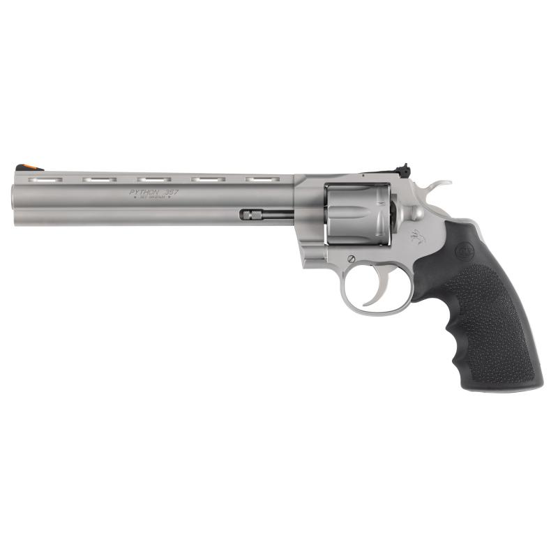 Python, Revolver, 357 Magnum, 8" Barrel, Matte Stainless Steel Finish, Hogue Rubber Grip, Adjustable Rear Sight, Red Ramp Front Sight, 6 Rounds PYTHON-SM8RTS