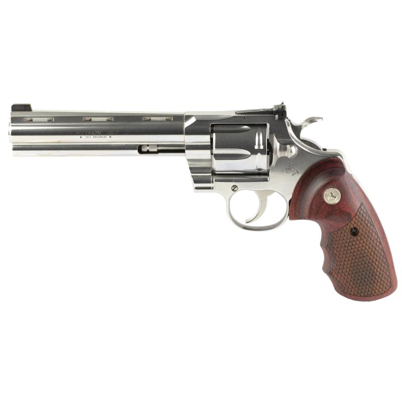 Python, Revolver, Double Action, 357 Magnum, 6", Silver, Wood, 6 Rounds, 1:14, Colt Python 6" Stainless Steel, Stainless Steel PYTHON-SP6WBB-TLS