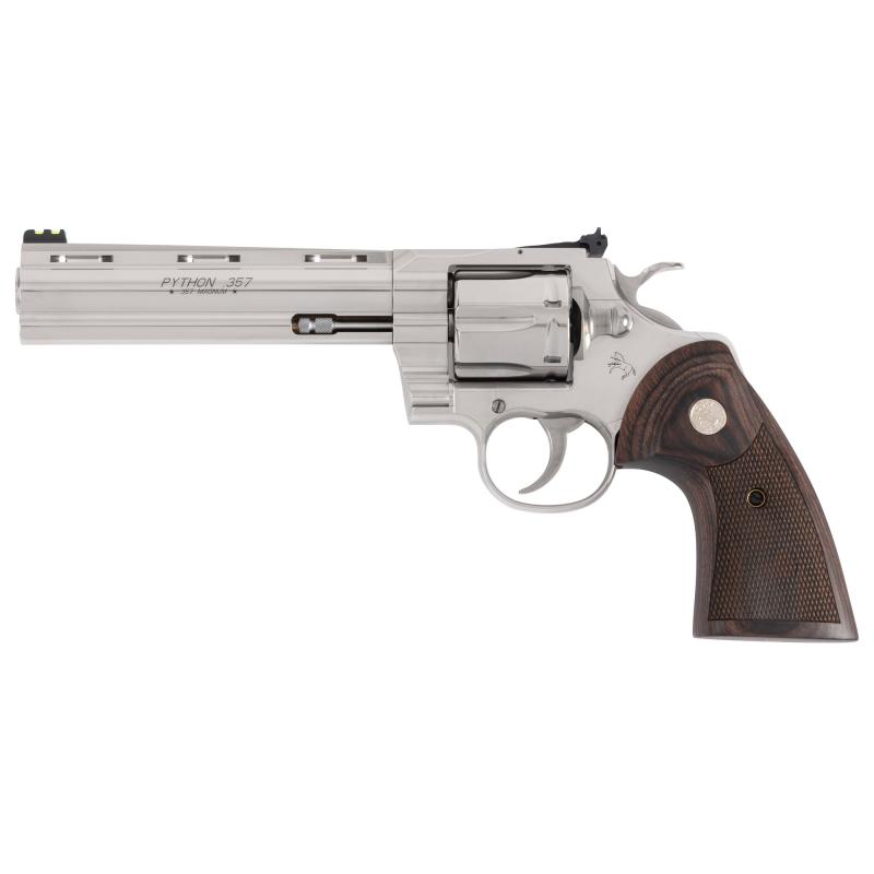 Python Target, Revolver, 357 Magnum, 6" Barrel, Stainless Steel Finish, Walnut Medallion Grip, Adjustable Rear Sight, Green Fiber Optic Front Sight, 6 Rounds PYTHON-SP6WFT-G