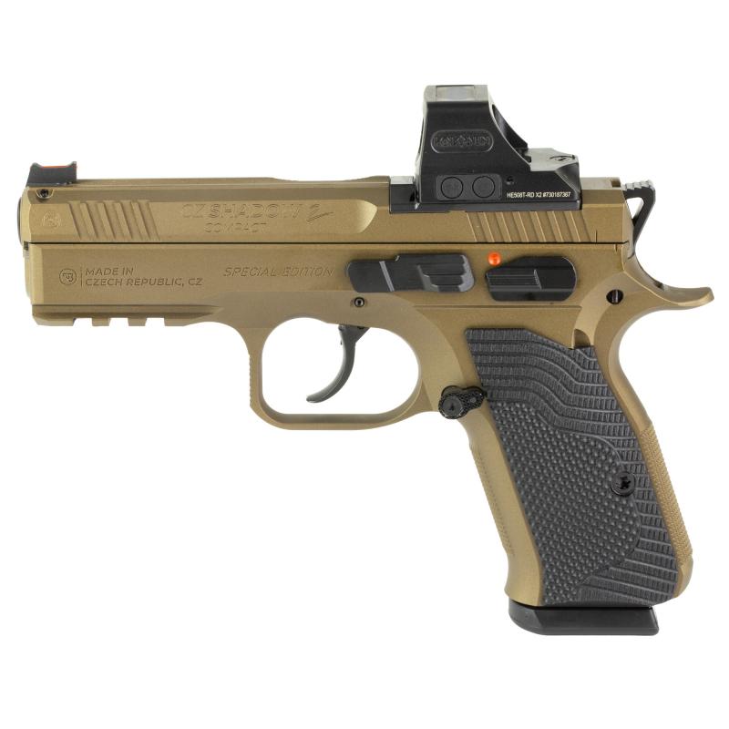 Shadow 2 Compact, TALO Exclusive, Double Action/Single Action, Semi-automatic, Metal Frame Pistol, 9MM, Cerakote Finish, Burnt Bronze, Black G-10 Grips, Manual Safety, Optics Cut Slide, Red Fiber Optic Front Sight, 15 Rounds, 2 Magazines, Includes Mounte