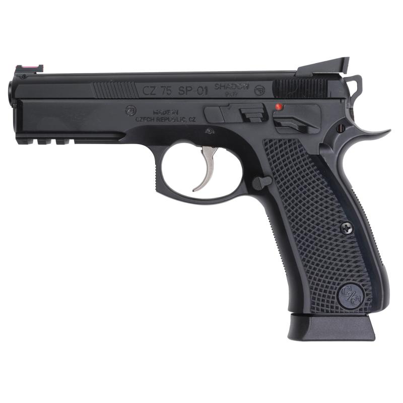 CZ SP01 Shadow Custom, Double Action/Single Action, Semi-automatic, Metal Frame Pistol, Full Size, 9MM, 4.6" Barrel, Steel, Polycoat Finish, Black, Aluminum Grips, Fiber Optic Front/Fixed Rear, Manual Safety, 19 Rounds, 2 Magazines 91031