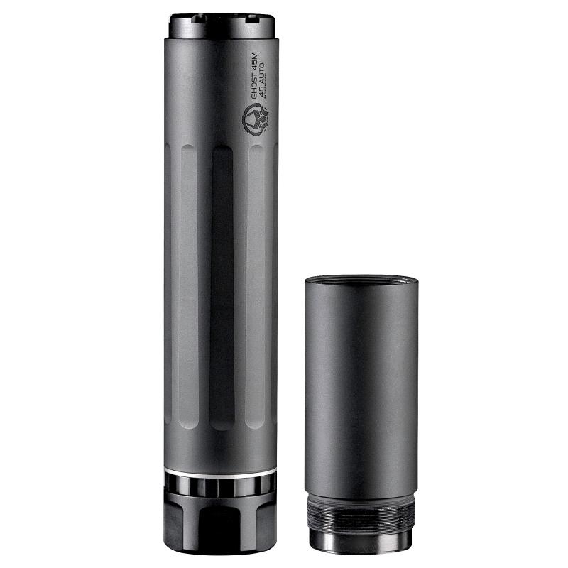 Ghost 45M, Suppressor, Modular, 22LR/300 Blackout/40 S&W/45ACP/10MM/9MM, No Piston, 17-4PH & Titanium, Black Cerakote Finish GHOST45