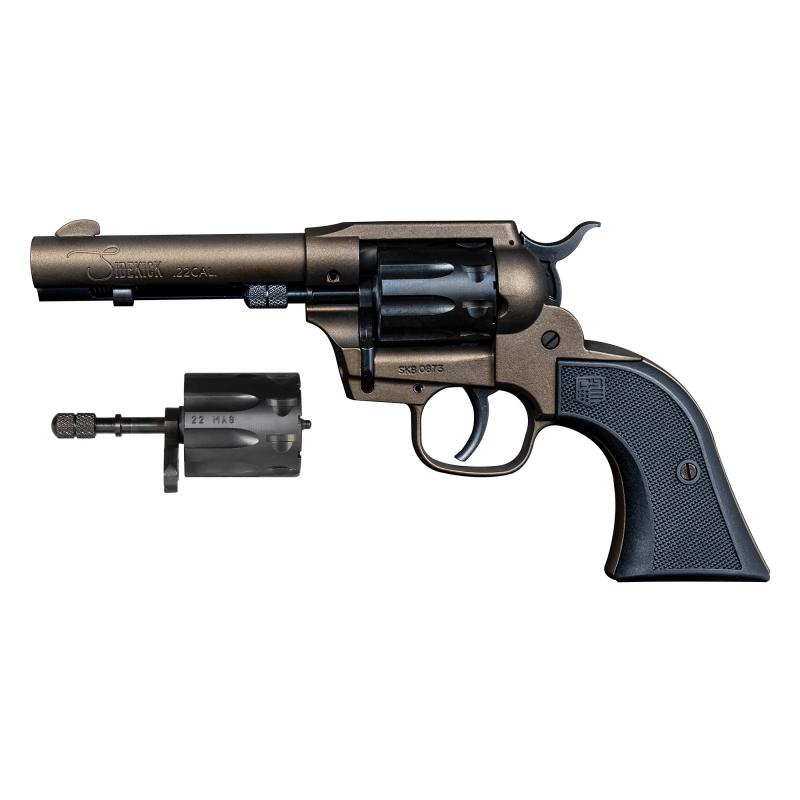 Sidekick, Double Action/Single Action, Metal Frame Revolver, 22 LR/22 WMR, 4.5" Barrel, Zinc, Cerakote Finish, Midnight Bronze, Black Checkered Glass Filled Nylon Grips, Blade Front Sight, Integral Rear Sight, 9 Rounds DB0500A071, NOT TRANSFERABLE IN MN