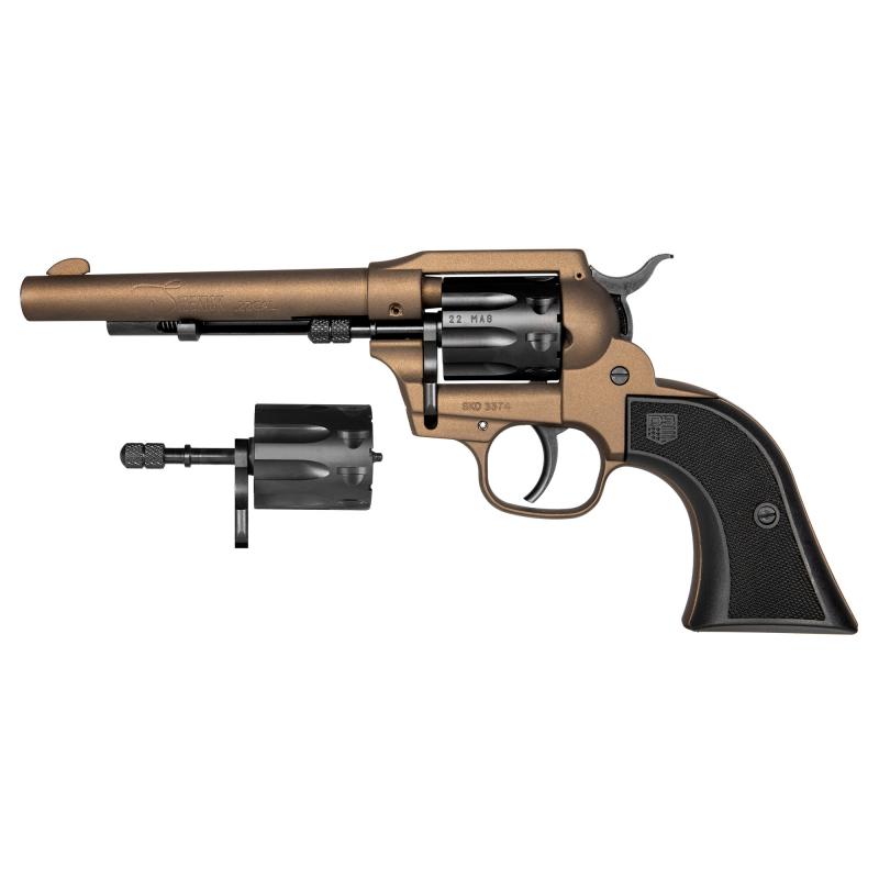 Sidekick, Double Action/Single Action, Metal Frame Revolver, 22 LR/22 WMR, 5.5" Barrel, Zinc, Cerakote Finish, Midnight Bronze, Black Cylinder, Checkered Glass Filled Nylon Grips, Blade Front Sight, Integral Rear Sight, 9 Rounds DB053CA071