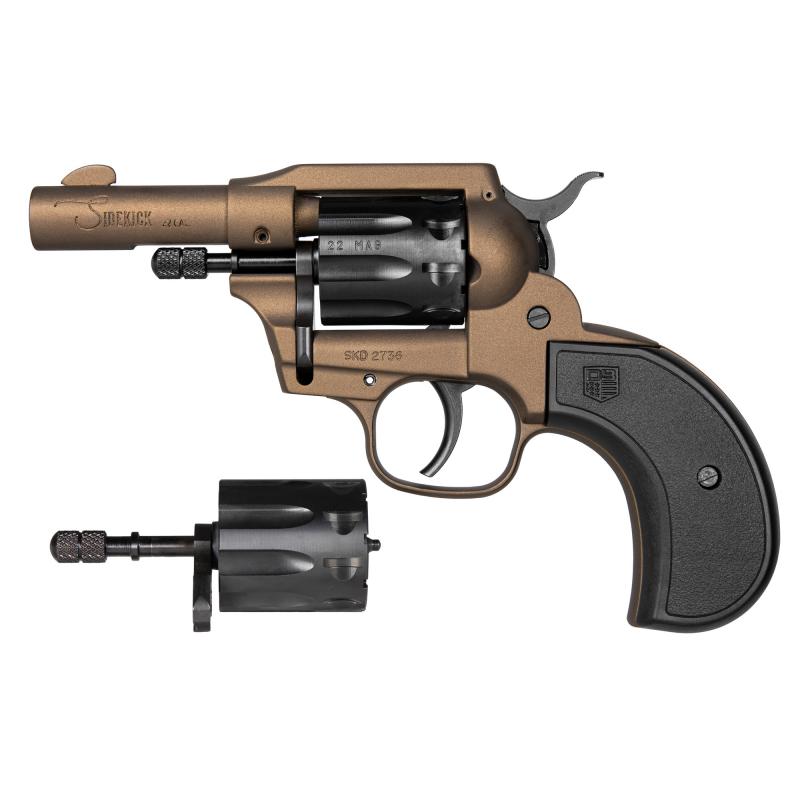 Birdshead Sidekick, Double Action/Single Action, Metal Frame Revolver, 22 LR/22 WMR, 3" Barrel, Zinc, Cerakote Finish, Midnight Bronze, Black Cylinder, Checkered Glass Filled Nylon Grips, Blade Front Sight, Integral Rear Sight, 9 Rounds DB0600A071