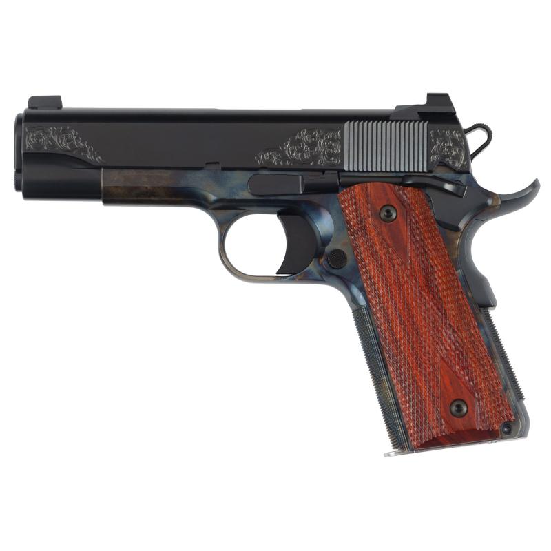 Heirloom, Semi-automatic, 1911, Commander Size, 45 ACP, Carbon Steel Frame, Color Case Finish, 4.25" Barrel, Blued Slide with Engraving, Cocobolo Wood Grip Panels, Brass Bead Front Sight, U-notch Rear Sight, 8 Rounds, 2 Magazines 01779