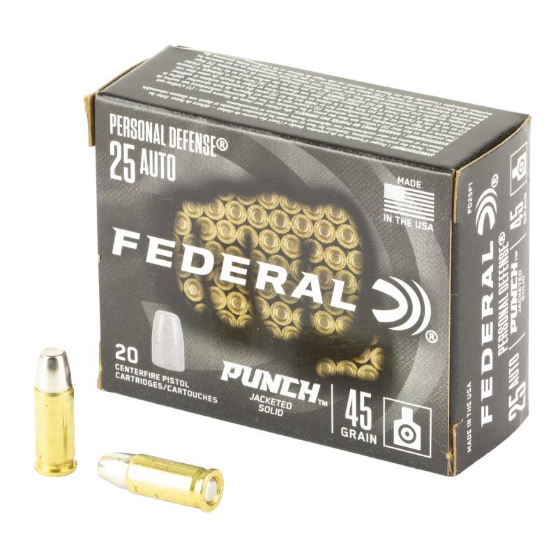 Personal Defense Punch, 25 Auto, 45 Grain, Jacketed Solid Point, 20 Round Box PD25P1