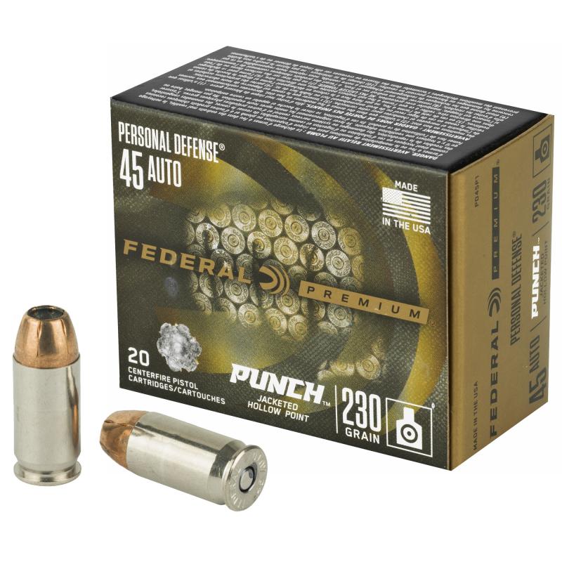 Personal Defense, Punch, 45 ACP, 230Gr, Jacketed Hollow Point, 20 Round Box PD45P1
