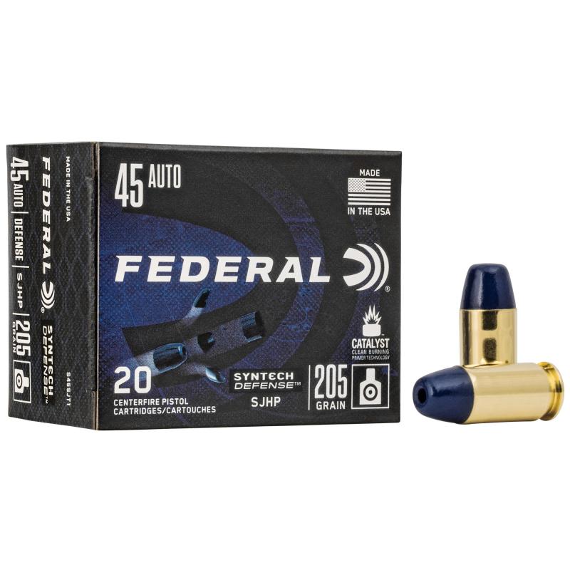 Syntech Defense with Catalyst Clean Burning Primer, 45 ACP, 205 Grain, Semi Jacketed Hollow Point, 20 Round Box S45SJT1
