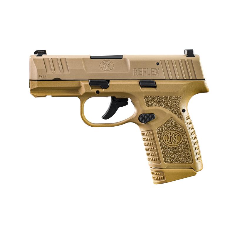 Reflex, Semi-automatic Pistol, Polymer Frame, Internal Hammer Fired, Single Action Only, Micro Compact, 9MM, 3.3" Cold Hammer Forged Barrel, PVD Finish, Flat Dark Earth, Non-Manual Safety, Tritium Front Sight, 2 Dot Rear Sight, 2 Magazines, (1) 15 Round,