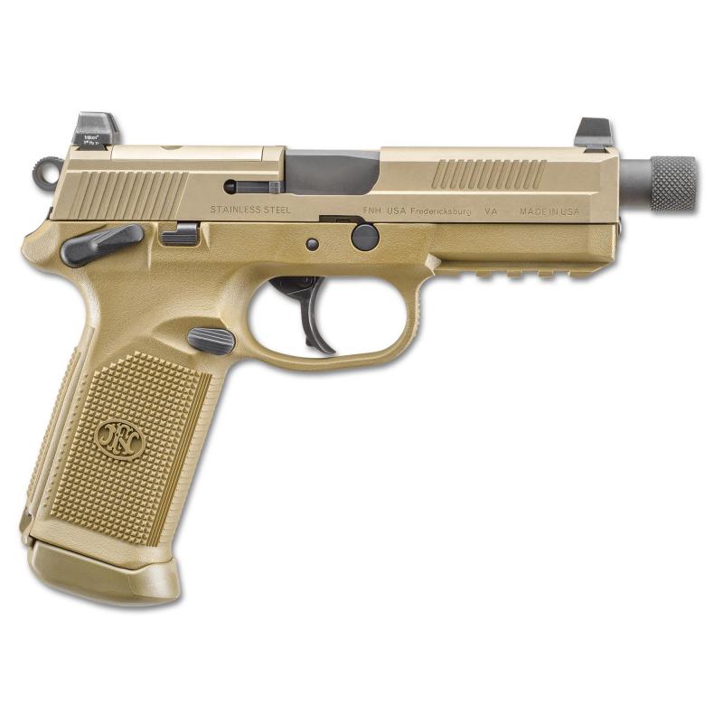 FNX-45 Tactical, DA/SA, Semi-automatic, Full Size Pistol, 45 ACP, 5.3" Threaded Barrel, Polymer Frame, Flat Dark Earth Finish, Suppressor Height Night Sights, 10Rd, 5 Magazines, Fired Case, Manual Safety, Optics Ready 66-101635