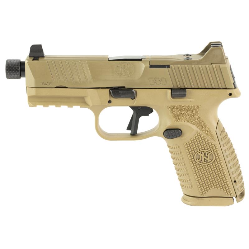 FN509M Tactical, Semi-automatic, Striker Fired, Polymer Frame Pistol, Mid-Size, 9MM, 4.5" Barrel, Threaded 1/2x28", PVD Finish, Flat Dark Earth, Optic Ready, Flat Faced Trigger, Suppressor Height 3 Dot Night Sights, Non-Manual Safety, 10 Rounds, 5 Magazi
