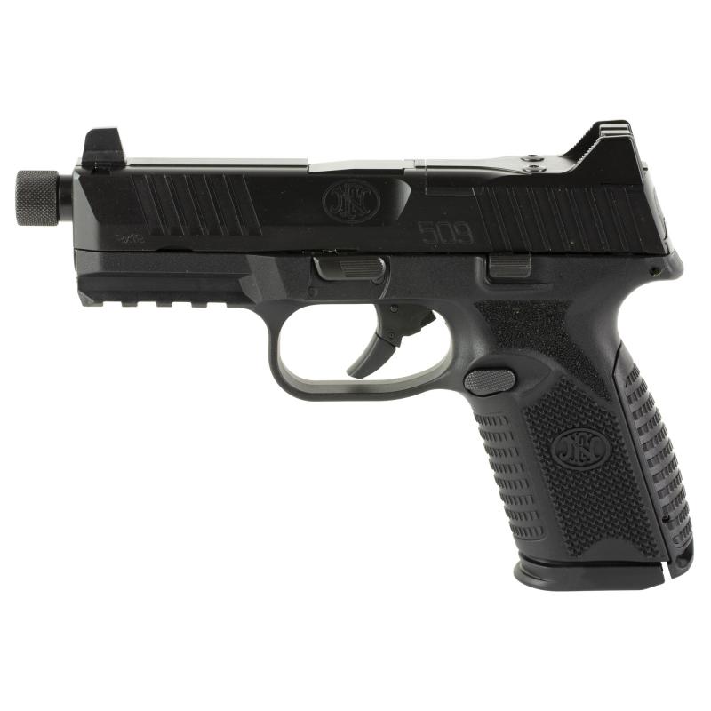 FN509M Tactical, Semi-automatic, Striker Fired, Polymer Frame Pistol, Mid-Size, 9MM, 4.5" Barrel, Threaded 1/2x28", PVD Finish, Black, Optic Ready, Flat Faced Trigger, Suppressor Height 3 Dot Night Sights, Non-Manual Safety, 10 Rounds, 5 Magazines, Inclu