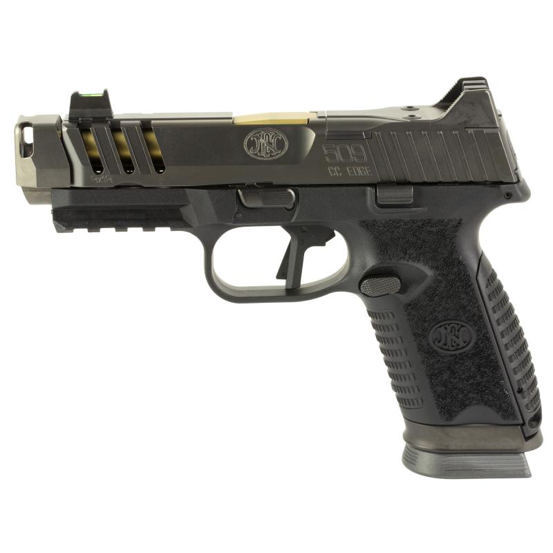 509 CC Edge XL, Striker Fired, Semi-automatic, Polymer Framed Pistol, Compact, 9MM, Gold TiN 4.2" Barrel, Quick Detach Compensator, PVD Finish, Graphite Slide, Black Frame, Flat Face Trigger, Flared Magazine Well, Fiber Optic Front Sight, 10 Rounds, 3 Ma