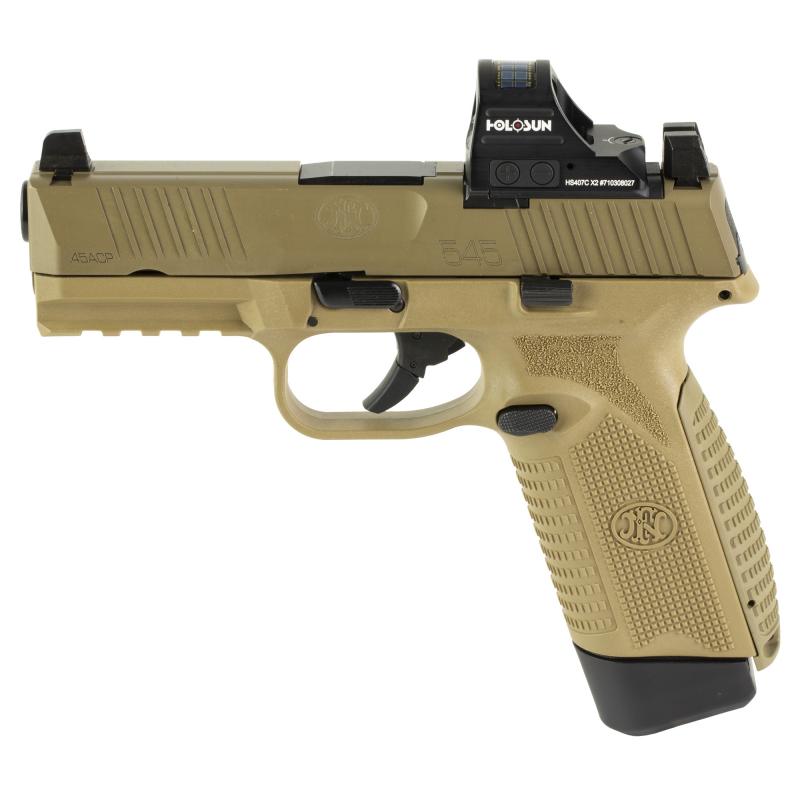 545 MRD, Striker Fired, Semi-automatic, Polymer Frame Pistol, Mid-Size, 45 ACP, 4.1" Barrel, Matte Finish, Flat Dark Earth, Inlcudes Holosun 407C Red Dot Sight, Non-Manual Safety, Optic Height Sights, 15 Rounds, 2 Magazines 66-101918
