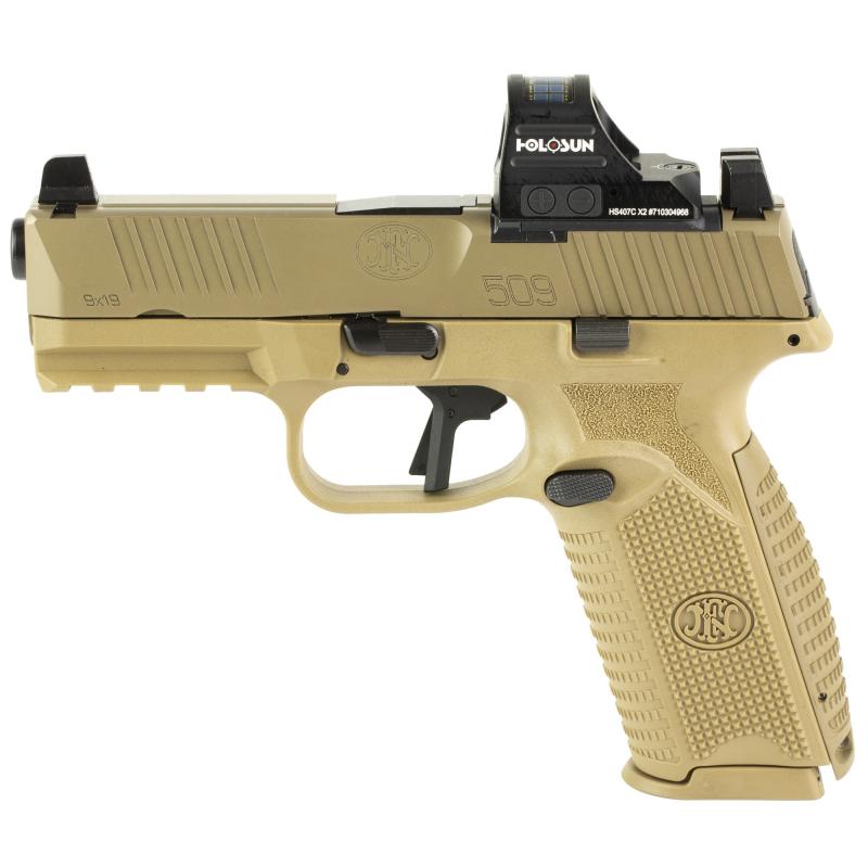 509 MRD, Striker Fired, Semi-automatic, Polymer Frame Pistol, Mid-Size, 9MM, 4" Barrel, Matte Finish, Flat Dark Earth, Inlcudes Holosun 407C Red Dot Sight, Non-Manual Safety, Optic Height Sights, 17 Rounds, 2 Magazines 66-101925