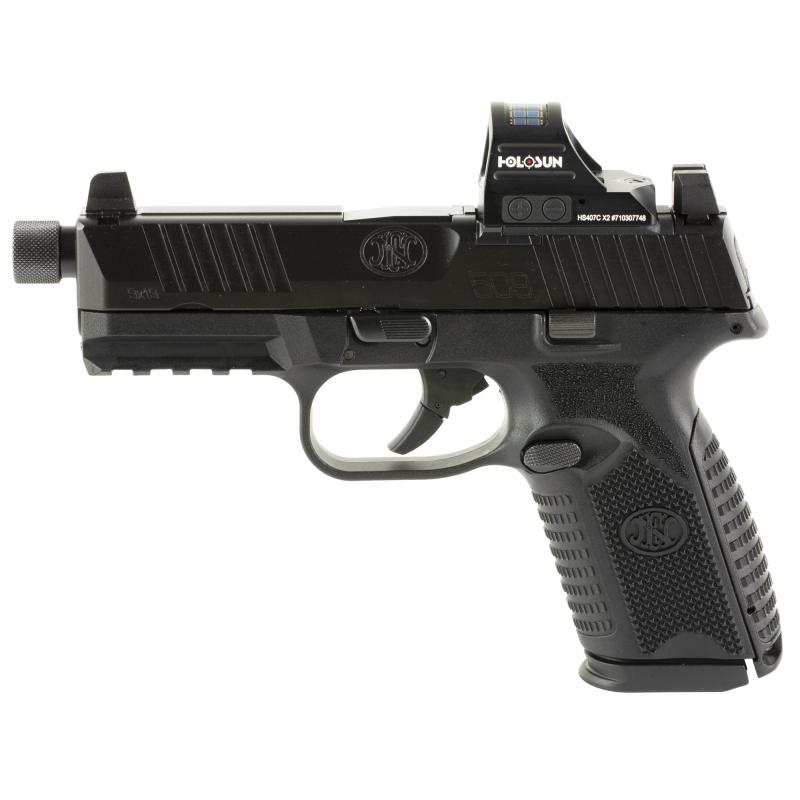 509M Tactical, Striker Fired, Semi-automatic, Polymer Frame Pistol, Mid-Size, 9MM, 4.5" Barrel, Threaded 1/2X28, Matte Finish, Black, Inlcudes Holosun 407C Red Dot Sight, Non-Manual Safety, Optic Height Night Sights, 2 Magazines, (1)-24 Round and (1)-1