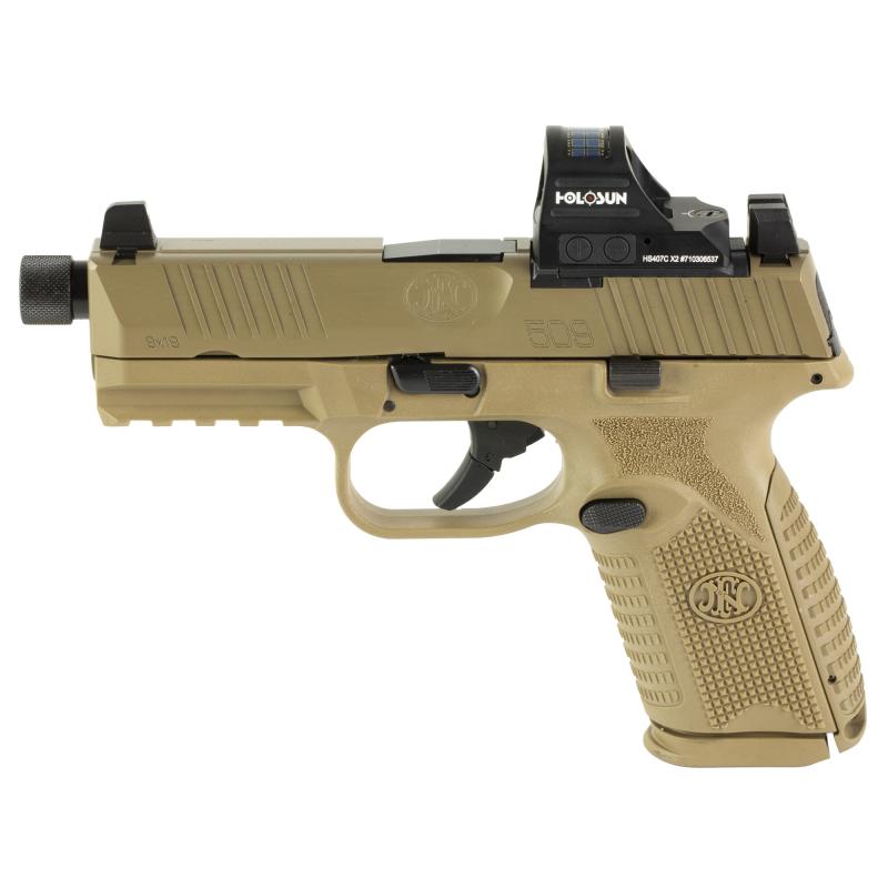 509M Tactical, Striker Fired, Semi-automatic, Polymer Frame Pistol, Mid-Size, 9MM, 4.5" Barrel, Threaded 1/2X28, Matte Finish, Flat Dark Earth, Inlcudes Holosun 407C Red Dot Sight, Non-Manual Safety, Optic Height Night Sights, 2 Magazines, (1)-24 Round