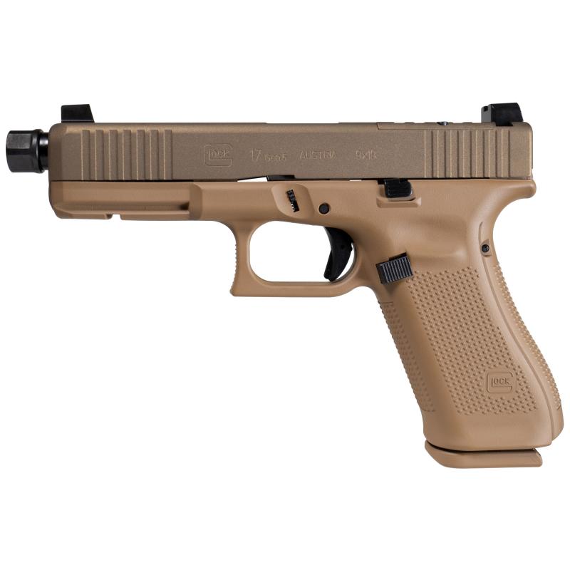 17XOR, Optic Ready, Semi-automatic, Full Size Polymer Frame Pistol, Safe Action, 9MM, 4.99" Threaded Barrel, FDE Cerakote Finish, Suppressor Height Sights, Optics Ready, 17 Rounds, 3 Magazines, Matching FDE Cerakote Magazine Floor Plates, Will Only Accep