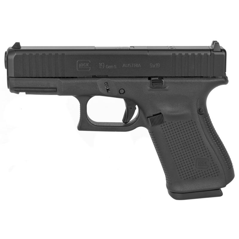 19 Gen5 MOS, Striker Fired, Compact Size, 9MM, 4.02" Marksman Barrel, Polymer Frame, Matte Finish, Fixed Sights, 10Rd, 3 Magazines, Front Serrations, Ambidextrous Slide Stop Lever, Flared Mag Well, nDLC Finished Slide and Barrel, No Finger Grooves PA1