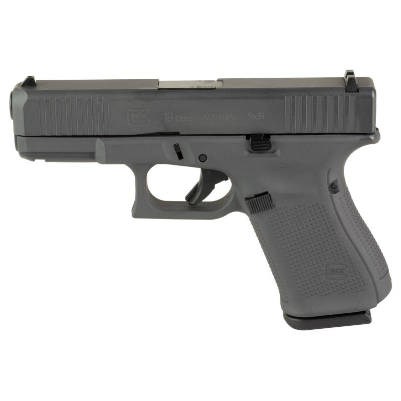 19, GEN 5, Semi-automatic, Striker Fired, Compact, 9MM, 4.02", Sniper Gray, Interchangeable, 15 Rounds, 3 Mags, Front Serrations, Fixed Sights, Polymer, DLC PA195S204-SG