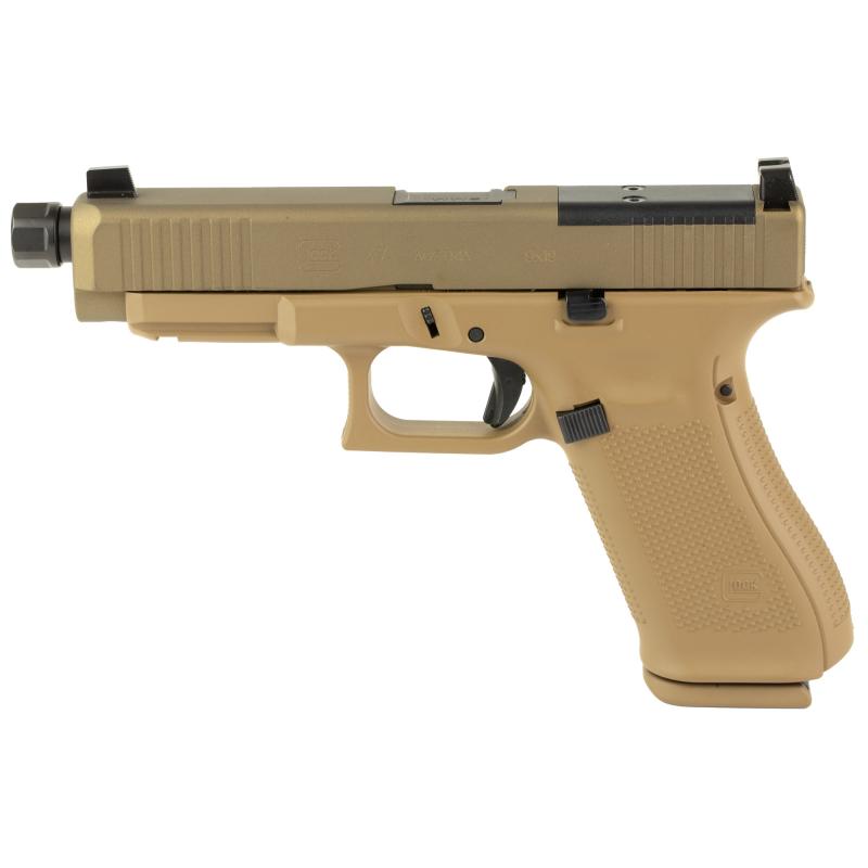 47X MOS, Striker Fired, Semi-automatic, Polymer Frame Pistol, Full Size, 9MM, Zaffiri Precision 4.99" Threaded Barrel, Custom Flat Dark Earth Cerakote Finish by Shark Coast Tactical, Suppressor Height Sights, Optics Ready, 17 Rounds, 3 Magazines, Come