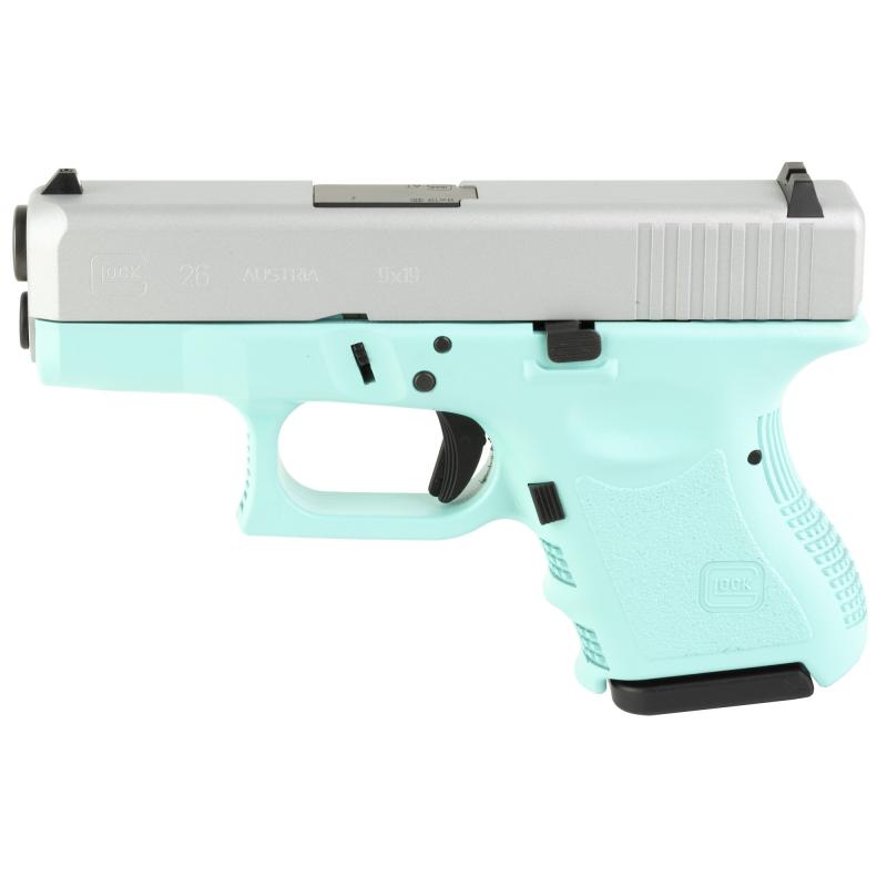26, Semi-automatic, Striker Fired, Sub-Compact, 9MM, 3.43", Robins Egg Blue, Silver, 10 Rounds, 2 Mags, Fixed Sights, Polymer, Matte PI2650204-REBCS