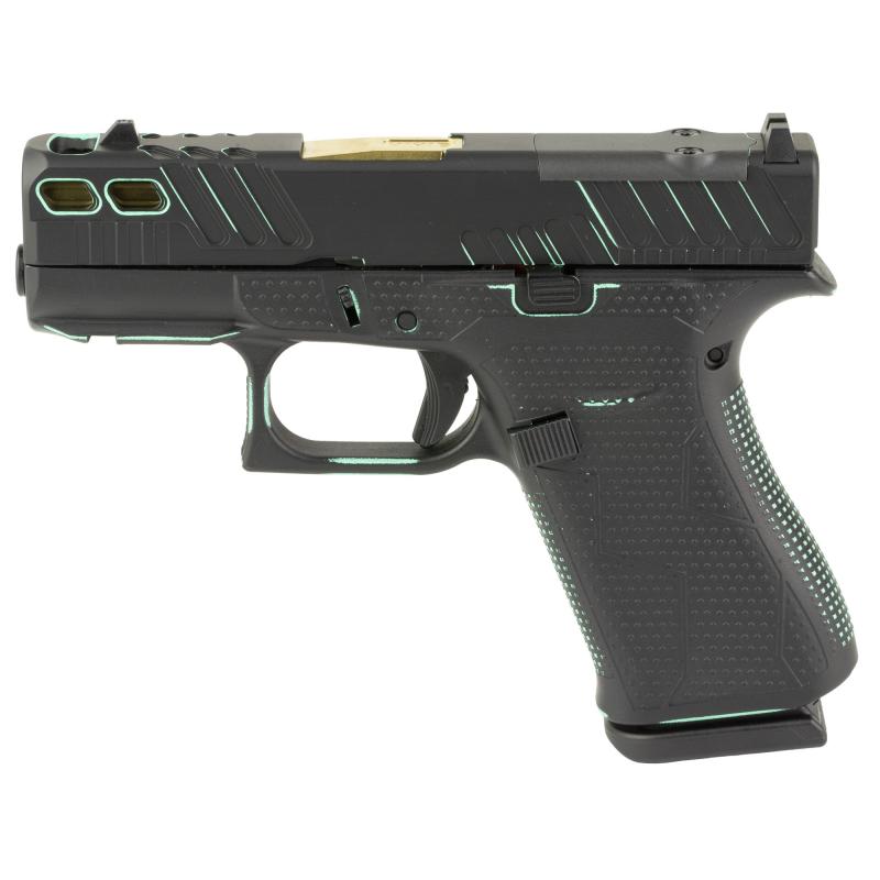 43X, M.O.S, Striker Fired, Semi-automatic, Polymer Frame Pistol, Sub-Compact, 9MM, 3.41" Barrel, Custom Black and Robin's Egg Blue Cerakote Finish by Shark Coast Tactical, Fixed Sights, Optic Ready, Gold Barrel, 10 Rounds, 2 Magazines PX4350201FRMOS