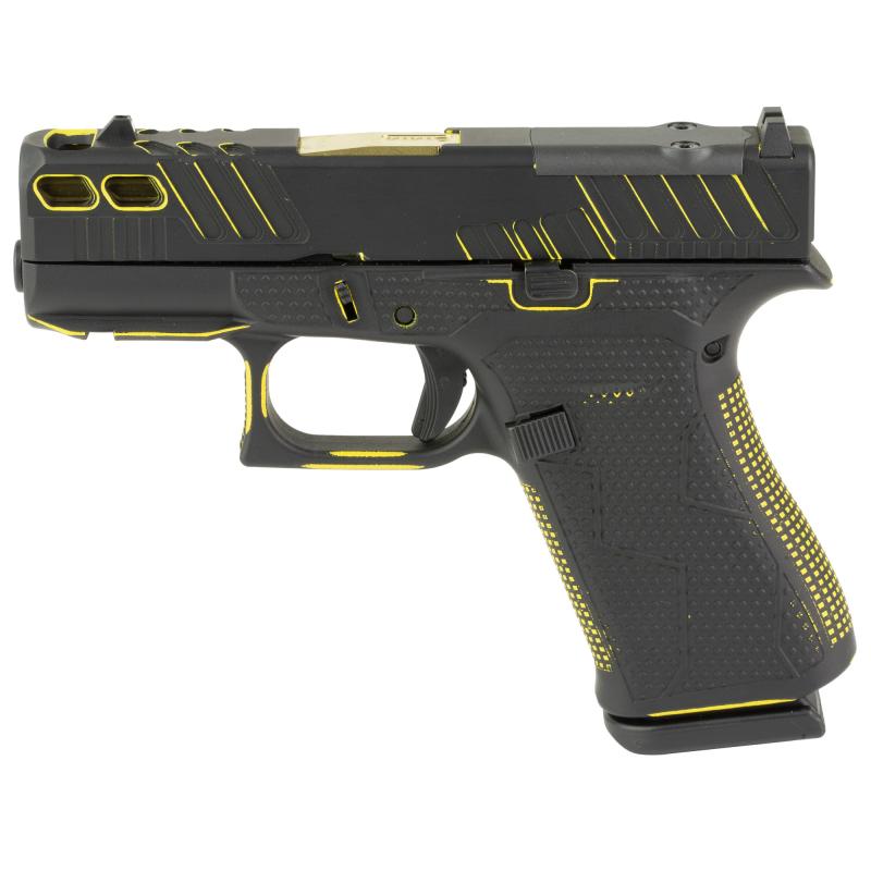 43X, M.O.S, Striker Fired, Semi-automatic, Polymer Frame Pistol, Sub-Compact, 9MM, 3.41" Barrel, Custom Black and Yellow Cerakote Finish by Shark Coast Tactical, Fixed Sights, Optic Ready, Gold Barrel, 10 Rounds, 2 Magazines PX4350201FRMOS
