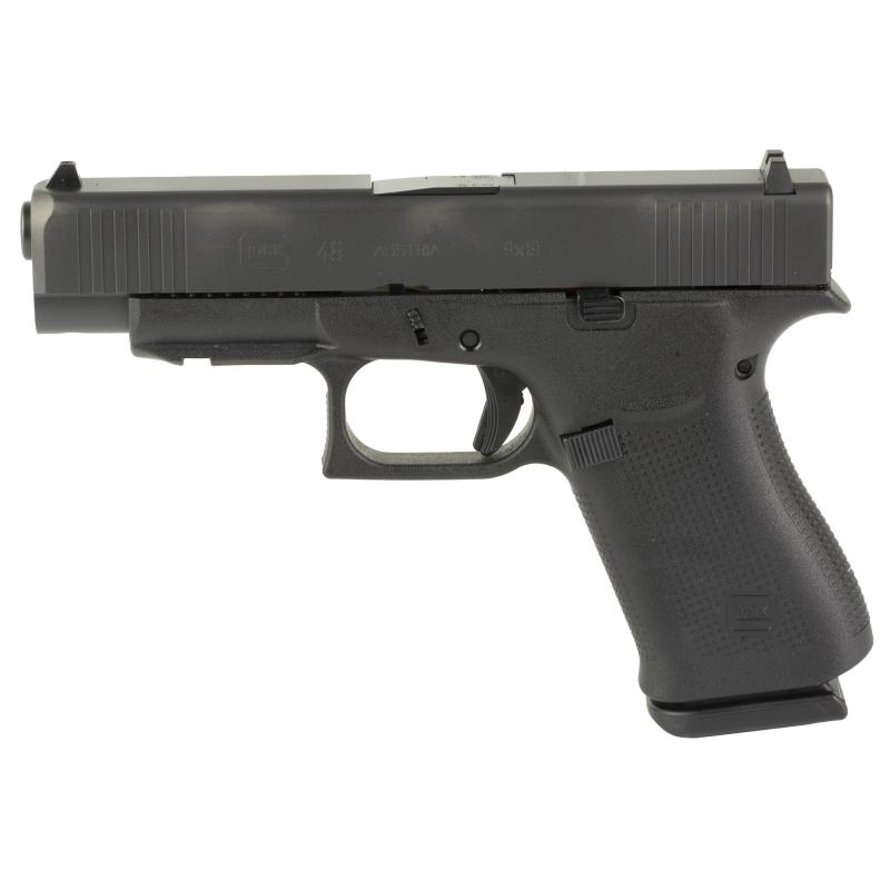48, Striker Fired, Semi-automatic, Polymer Frame Pistol, Compact, 9MM, 4.17" Barrel, Glock Marksman Barrel, nDLC Finish, Black, No Finger Grooves, Fixed Sights, 10 Rounds, 2 Magazines, Front Rail PA4850201FR