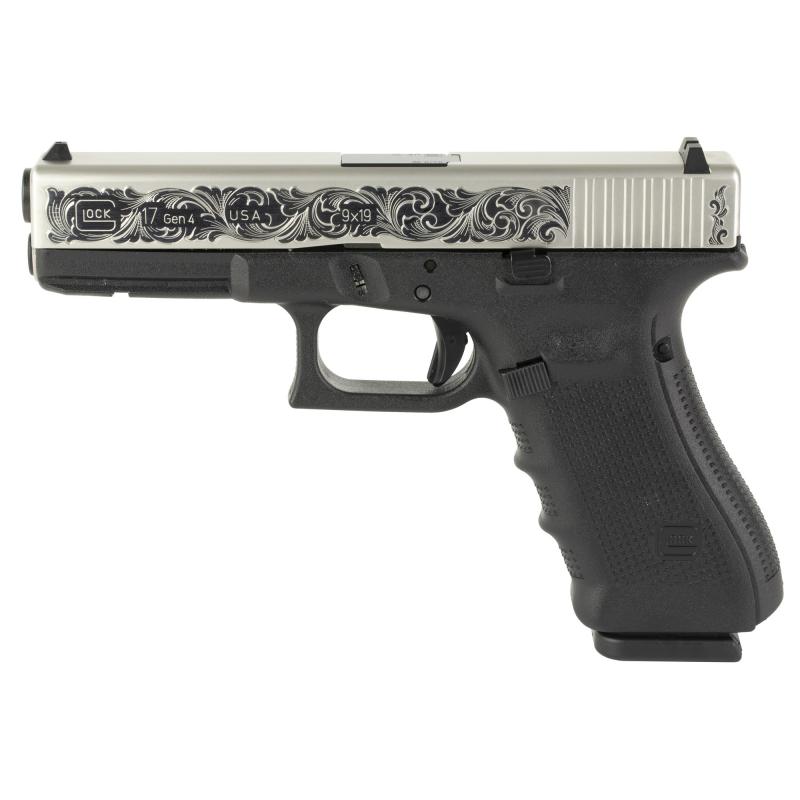 17, GEN 4, TALO Exclusive, Semi-automatic, Striker Fired, Full Size, 9MM, 4.49", Black, Interchangeable, 17 Rounds, 3 Mags, Fixed Sights, Polymer, Stainless PVD, Polished Armory Grade Cut Engraved Scrollwork 13209