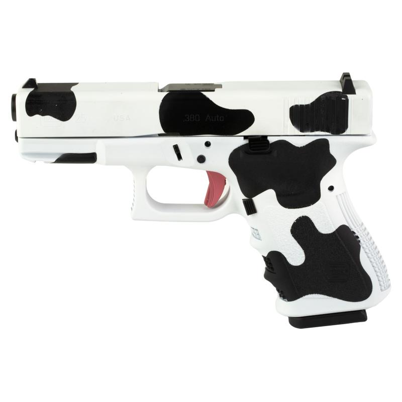 25 Gen 3, Striker Fired, Semi-automatic, Polymer Frame Pistol, Compact, 380 ACP, 4.02" Barrel, Custom Cow Print Cerakote Finish by Skydas, Fixed Sights, 15 Rounds, 2 Magazines UI2550203