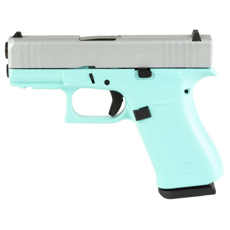43X, Semi-automatic, Striker Fired, Sub-Compact, 9MM, 3.41", Robin's Egg Blue, Silver, 10 Rounds, 2 Magazines, Fixed Sights, Polymer, Skydas Cerakote UX4350204FRN-REBCS