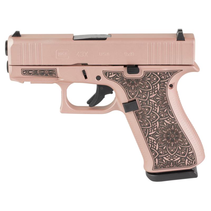 43X, Striker Fired, Semi-automatic, Polymer Frame Pistol, Sub-Compact, 9MM, 3.41" Barrel, Custom Rose Gold Paisley Finish with Laser Engraving by Skydas, Fixed Sights, 10 Rounds, 2 Magazines UX4350204-RGLAS