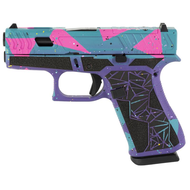 43X, Striker Fired, Semi-automatic, Polymer Frame Pistol, Sub-Compact, 9MM, 3.41" Barrel, Glock Marksman Barrel, nDLC Finish, No Finger Grooves, 10 Rounds, 2 Magazines, Purple/Cyan/Pink Cerakote, Optic Cut And Machined Slide, Laser Stippled Grip PX435020