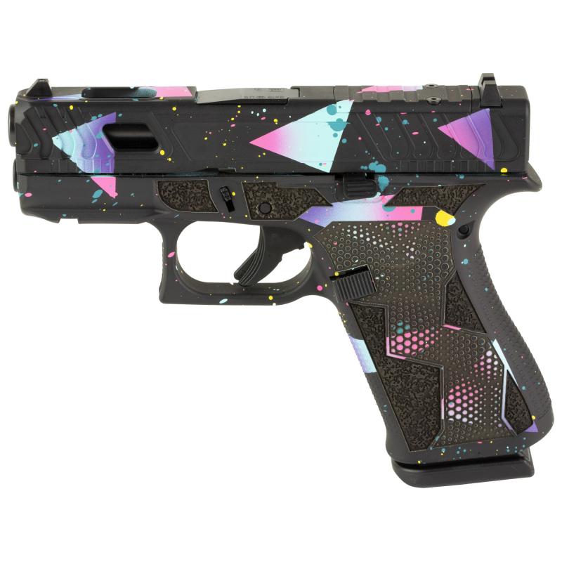 43X, Striker Fired, Semi-automatic, Polymer Frame Pistol, Sub-Compact, 9MM, 3.41" Barrel, Glock Marksman Barrel, nDLC Finish, No Finger Grooves, 10 Rounds, 2 Magazines, Black Base Finish With Cyan/Purple Cerakote, Optic Cut And Machined Slide, Laser Stip