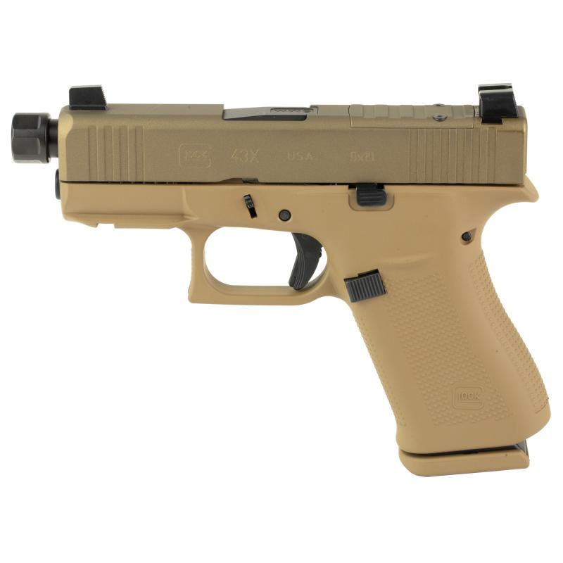 43X, Debo, Striker Fired, Semi-automatic, Polymer Frame Pistol, Sub Compact, 9MM, 3.41" Marksman Barrel, Custom Two-Tone FDE Cerakote Finish By Shark Coast Tactical, Zaffiri 1/2x28 Threaded Barrel, Suppressor Height Sights, No Finger Grooves, Front Serra