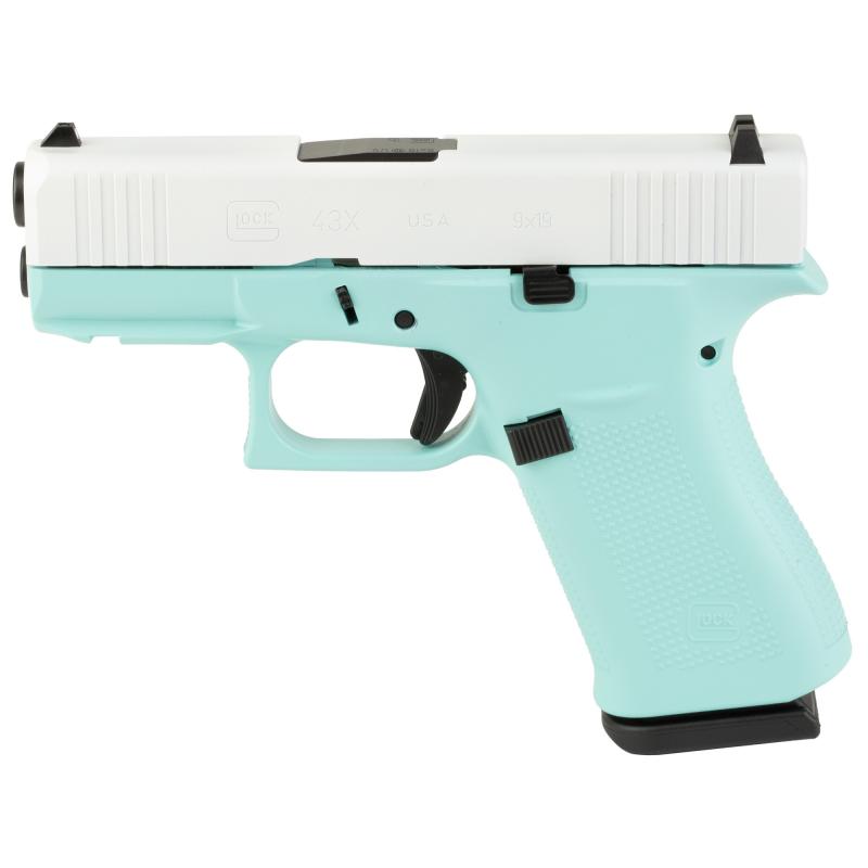 43X, Semi-automatic, Striker Fired, Sub-Compact, 9MM, 3.41", Robin's Egg Blue, White, 10 Rounds, 2 Magazines, Fixed Sights, Polymer, Skydas Cerakote UX4350204FRNREBFRPWS