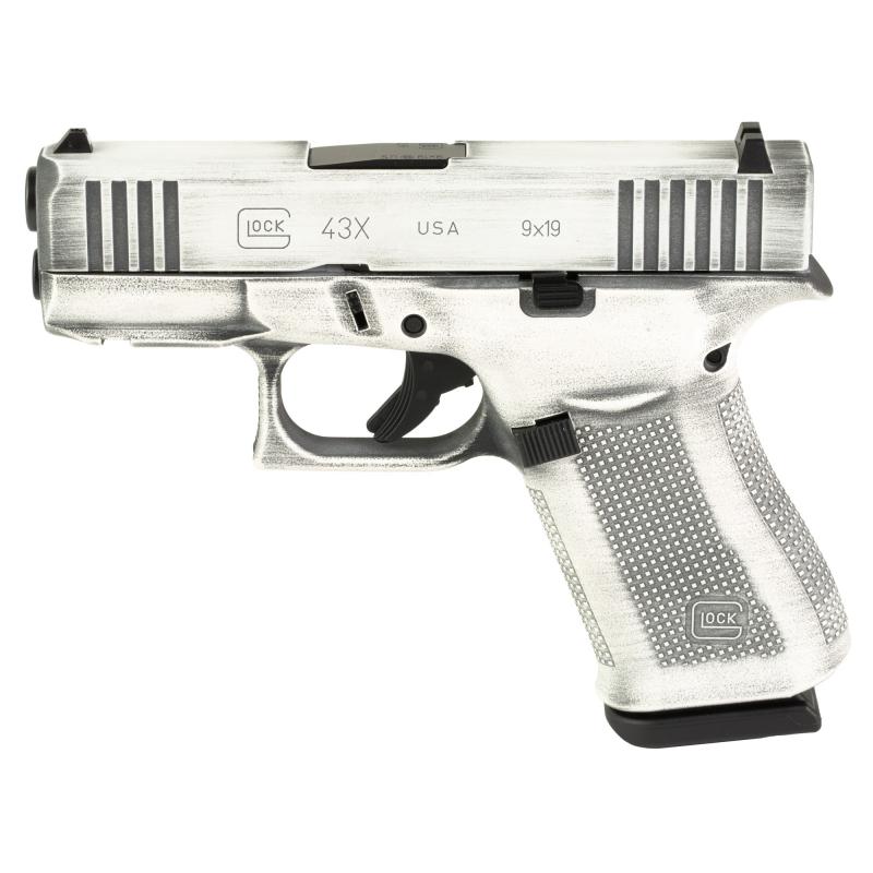 43X, Striker Fired, Semi-automatic, Polymer Frame Pistol, Sub-Compact, 9MM, 3.41" Barrel, Glock Marksman Barrel, Battle Worn Cerakote, White, Fixed Sights, 10 Rounds, 2 Magazines 300-045-0300-11