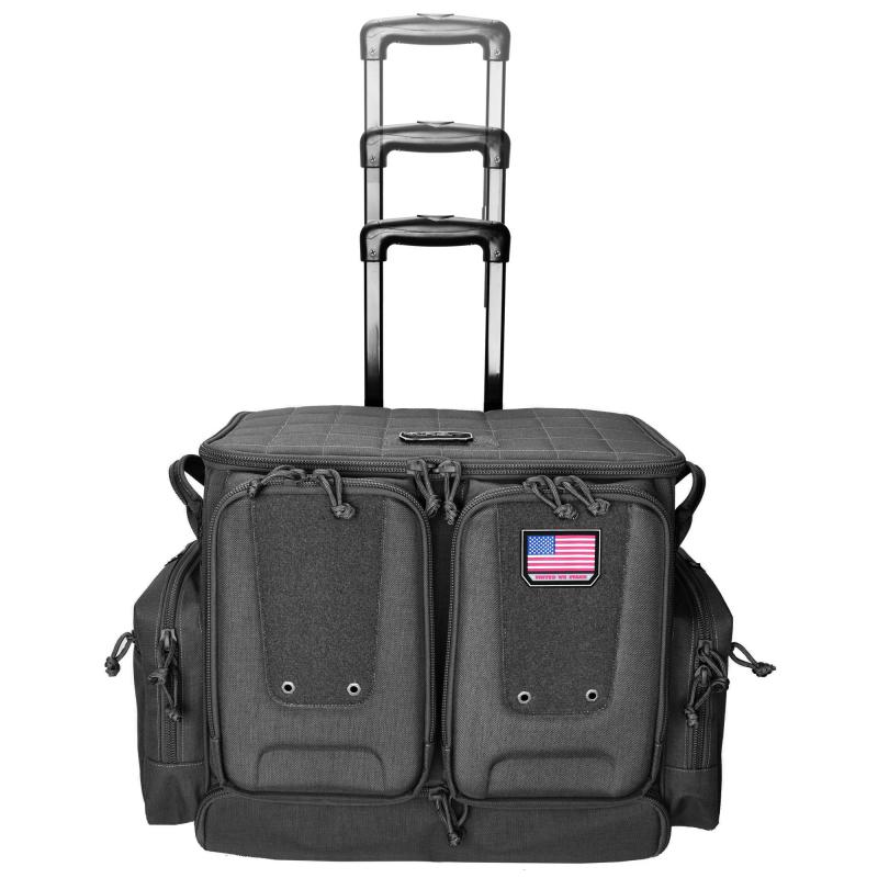 Tactical Rolling Range Bag, Black, Soft Case, Foam Cradle Holds 6 Pistols, Internal Zipper Pocket Holds 4 Pistols, Oversize ATV Wheels, Additional External Pockets for Magazines, Binoculars, Ear Protection, Stapler, and Targets GPS-2112ROBB