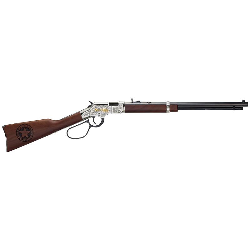 Golden Boy Texas Rangers, Lever Action Rifle, 22 LR, 20" Octagon Barrel, Nickel Plated, Engraved Receiver with 24K Gold Plating, Engraved American Walnut Stock, Fully Adjustable Semi buckhorn Sights, Large Loop Lever, 16 Rounds H004TR