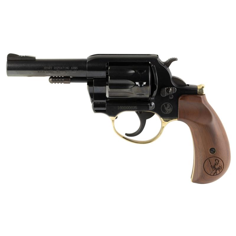 Golden Boy Revolver, DA/SA, 22 LR, 4" Barrel, Polished Finish, Blue Steel and Brass, American Walnut Birdshead Grips, Fixed Notch Rear Sight, Screw On Post Front Sight, 10 Rounds H016BD