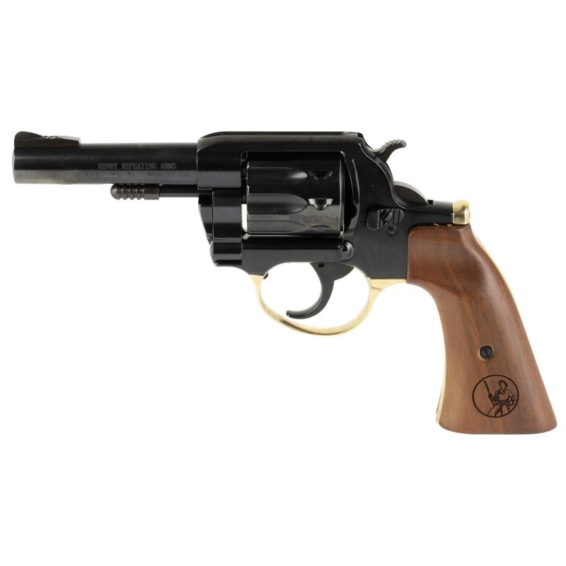 Golden Boy Revolver, DA/SA, 22 LR, 4" Barrel, Polished Finish, Blue Steel and Brass, American Walnut Gunfighter Grips, Fixed Notch Rear Sight, Screw On Post Front Sight, 10 Rounds H016GD