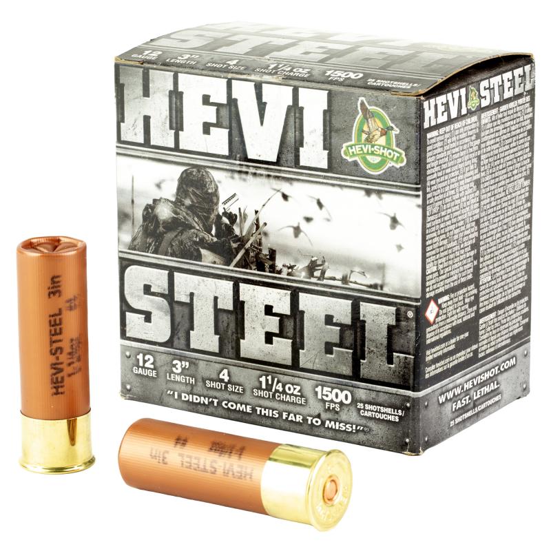 HEVI-Shot, HEVI-Steel, 12 Gauge 3", Max Dram, 1 1/4 oz, #4 Shot Size, 25Rd Box HS60004