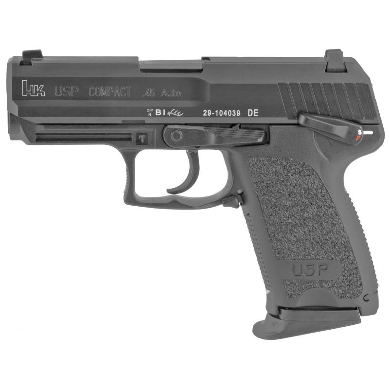 USP, V1, DA/SA, Compact, 45ACP, 3.78" Barrel, Polymer Frame, Black Finish, 3 Dot Sights, Safety, Decocker, 8Rd, 2 Magazines 81000343