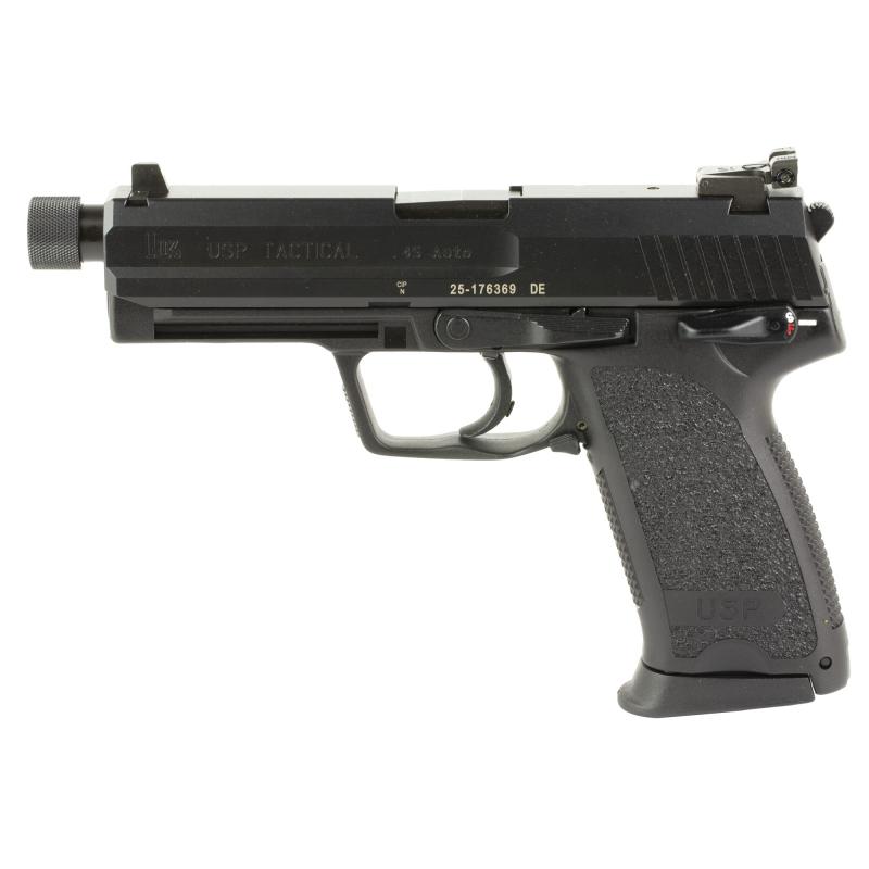 USP45, Tactical, V1, Double Action/Single Action, Semi-automatic, Polymer Frame Pistol, Full Size, 45 ACP, 5.09" Threaded Barrel, Black, High Profile Target Sights, Manual Thumb Safety, Decocker, 12 Rounds, 3 Magazines 81000351