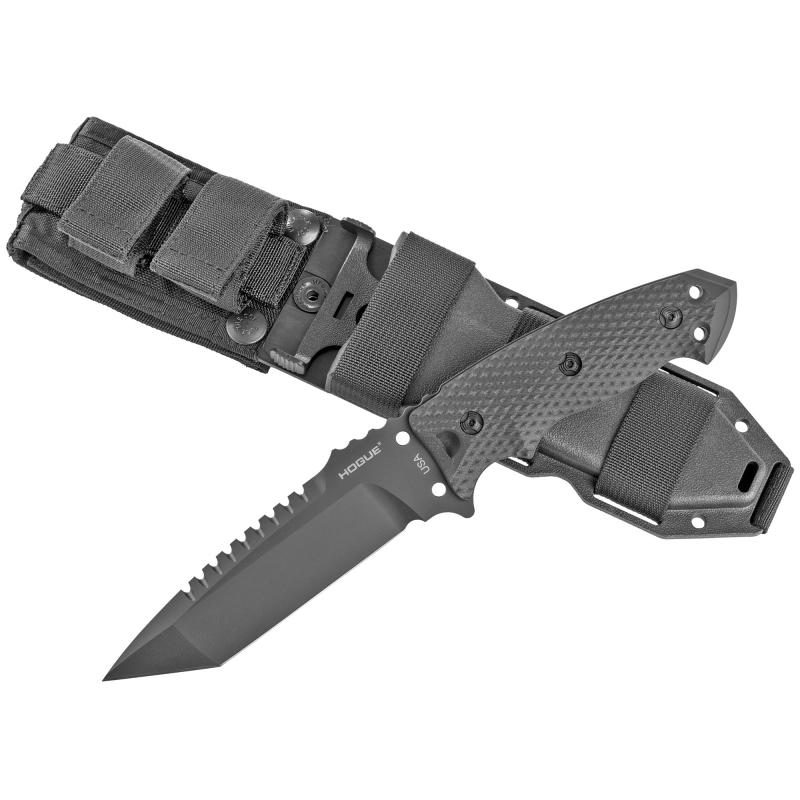 EX-F01, Fixed Blade Knife, 5.5" Tanto Blade with Broad Rear Saw Teeth, Black Cerakote Finish, A2 Tool Steel, G10 Black Handle Includes Retention Sheath 35129